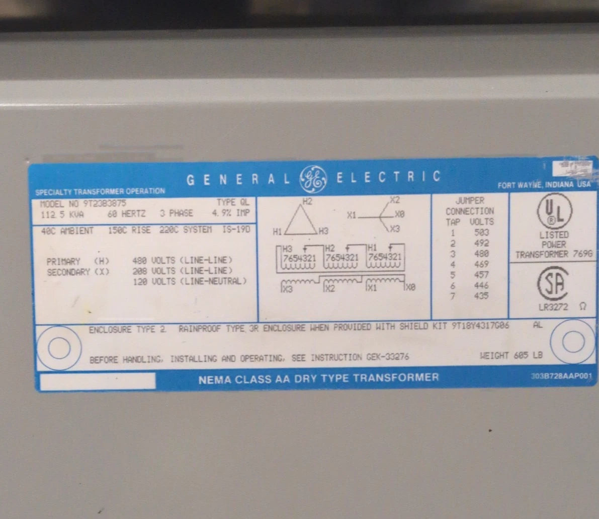 112.5KVA GE 9T23B3875 Transformer Pri 480V Sec 208/120V 3PH Type QL Indoor Encl Used
