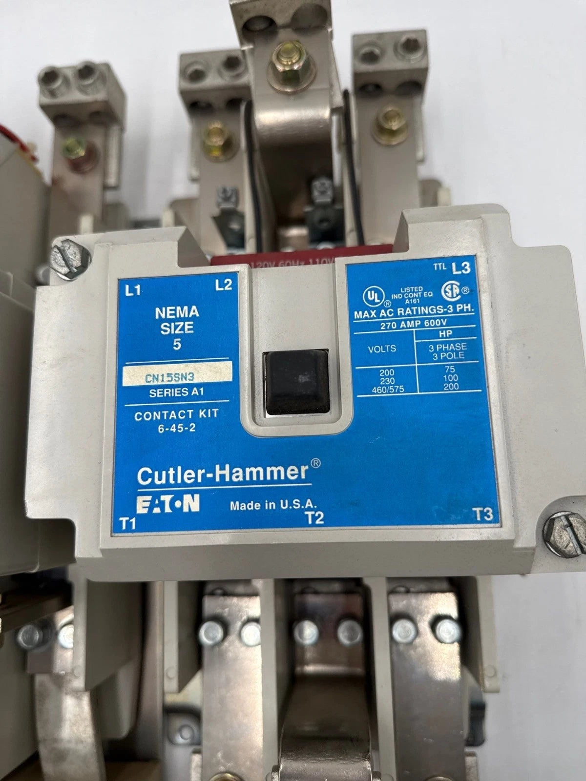 Eaton AN16SN0 NEMA Size 5 Reversing Starter CN15SN3 270A 3P 200HP Coil 110/120V Used
