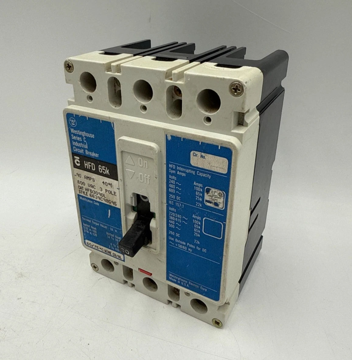 Westinghouse HFD3090L Circuit Breaker 90A 600V 3P HFD 65k 90 Amp 3 Pole Used