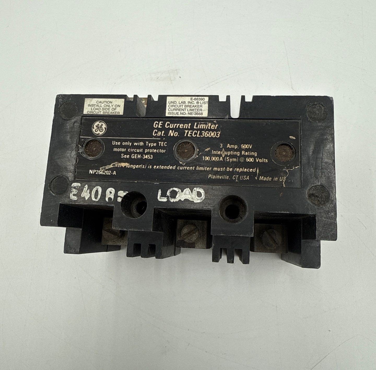 GE TECL36003 Current Limiter 3A 3P 600VAC 100kAIC 3 Amp 3 Pole Used