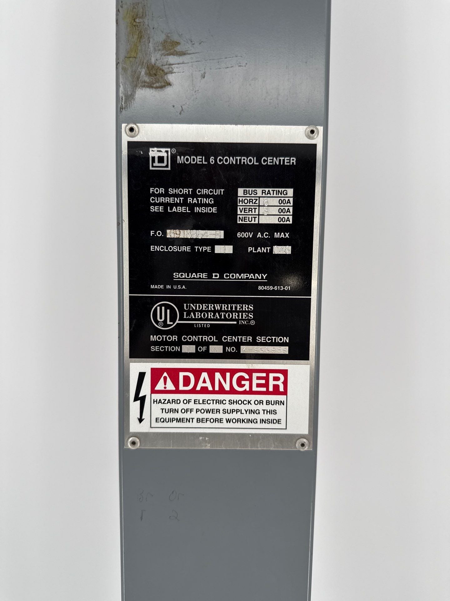 Square D Model 6 MCC Wire Way Door 72" x 4" Motor Control Center Trim Used