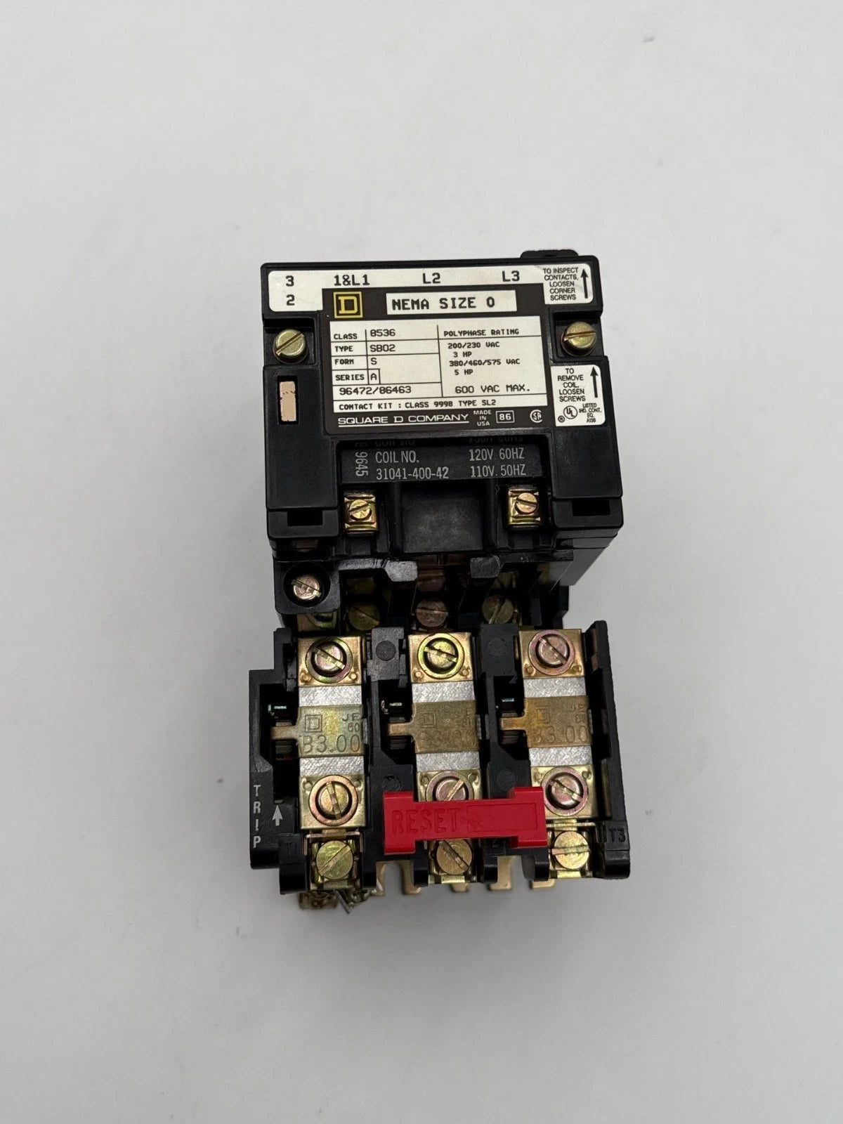 Square D 8536SB02 NEMA Size 0 Starter Coil 110/120V 3P 600V 5HP 3PH 8536SBO2 Used