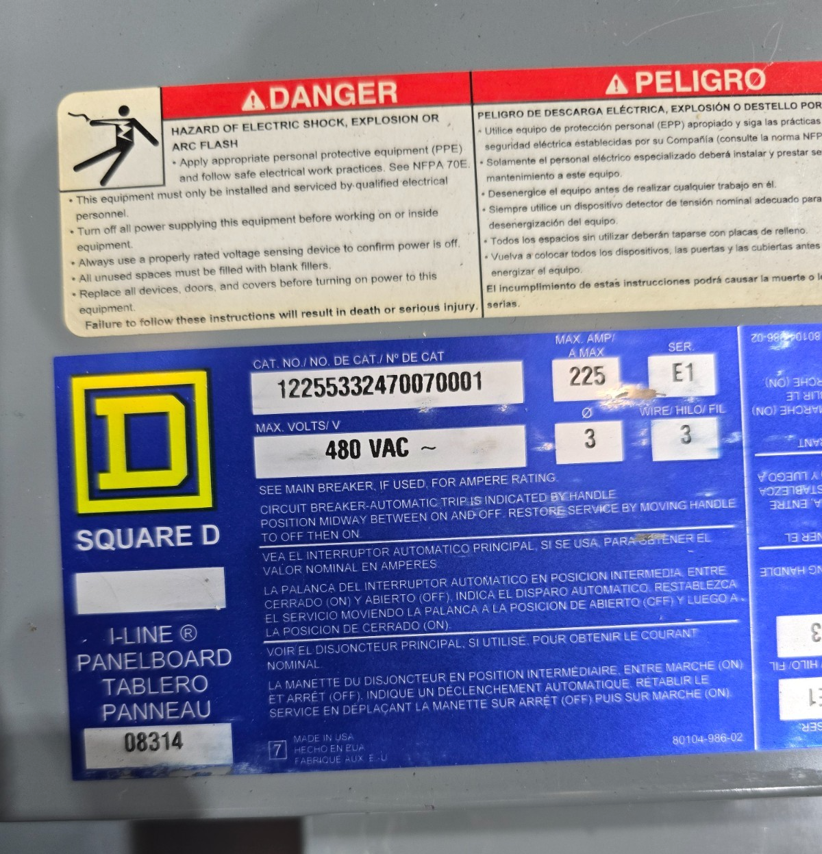 Square D I-Line Panel 225A 480V 3PH 3W MCB 225 Amp Main JLA36225SA 42Cir 3R Encl Used