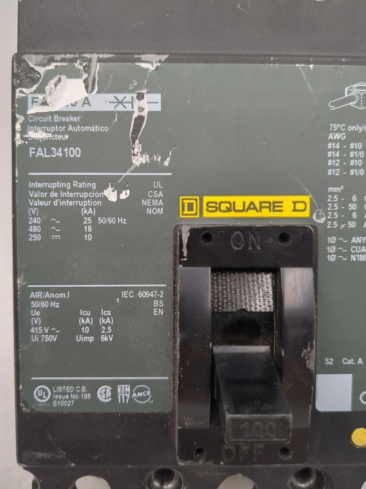 Square D FAL34100 Circuit Breaker 100A 3P 480V 3PH Lug to Lug 100 Amp Used Used