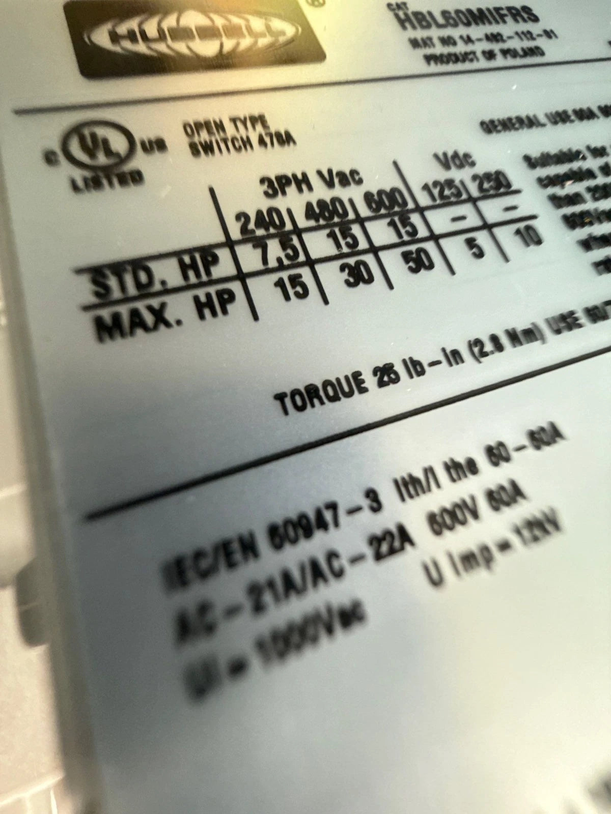 Hubbell HBL460MIF7W Fused Mechanical Interlock 60A 480V 3PH Pin & Sleeve 4 Wire New