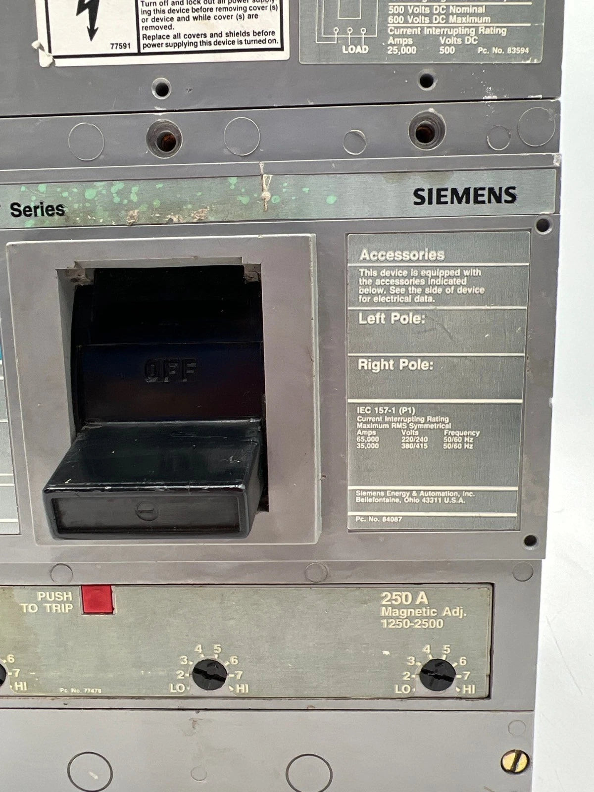 Siemens JD63B250 Circuit Breaker 3 Pole 250 Amp 600V JD 3P 250A Bolt On Used