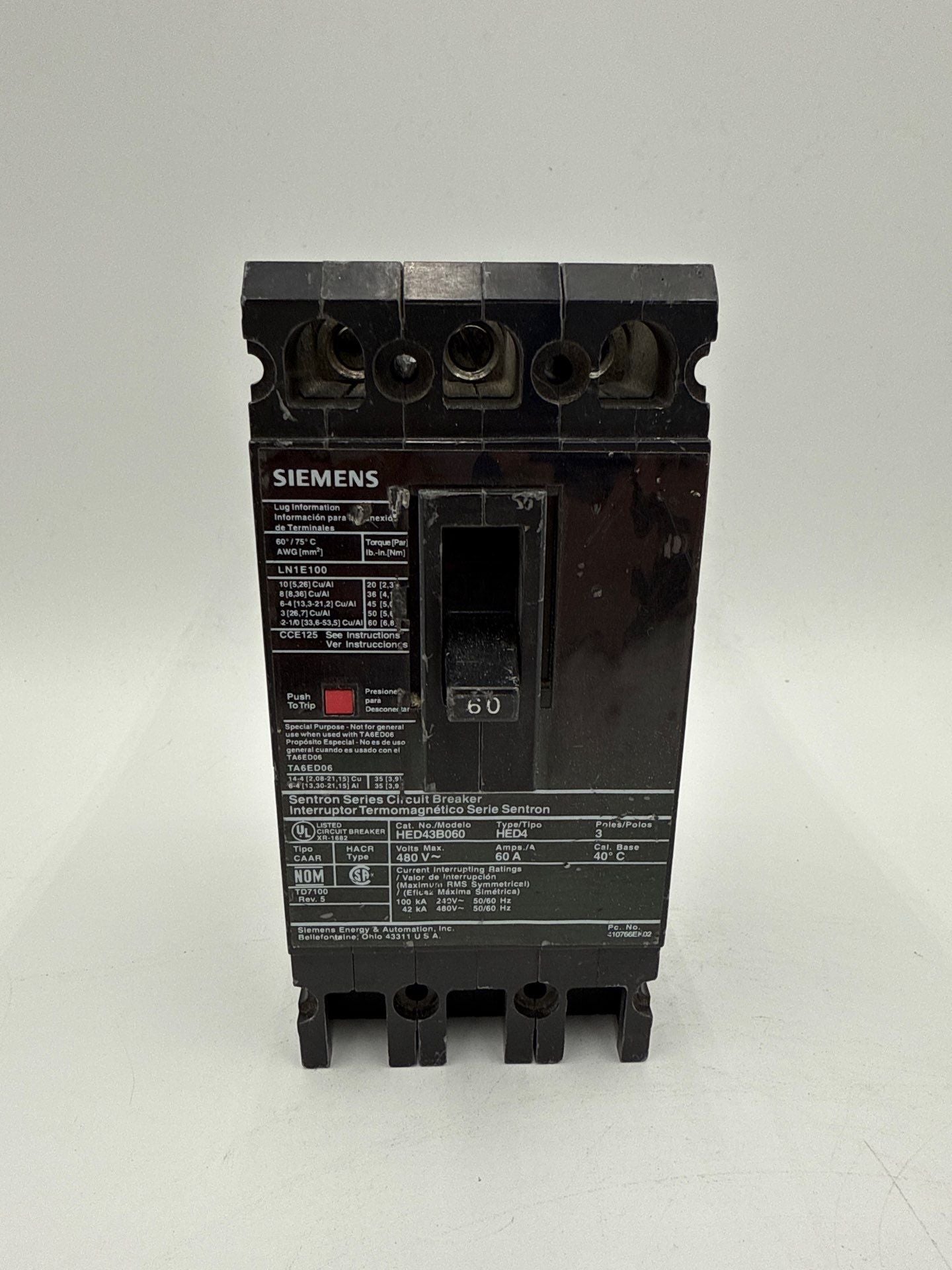 Siemens HED43B060 Circuit Breaker 60A 3P 480V HED4 60 Amp 3 Pole Used