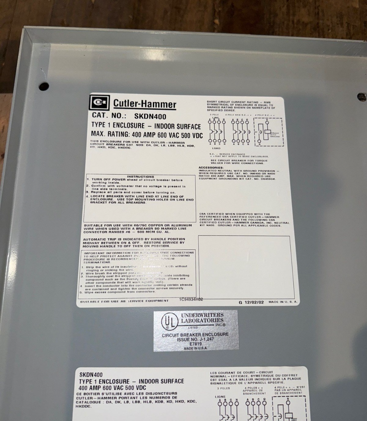 Cutler Hammer SKDN400 Circuit Breaker Enclosure 400A 600V HKD KD KDB DK Frame