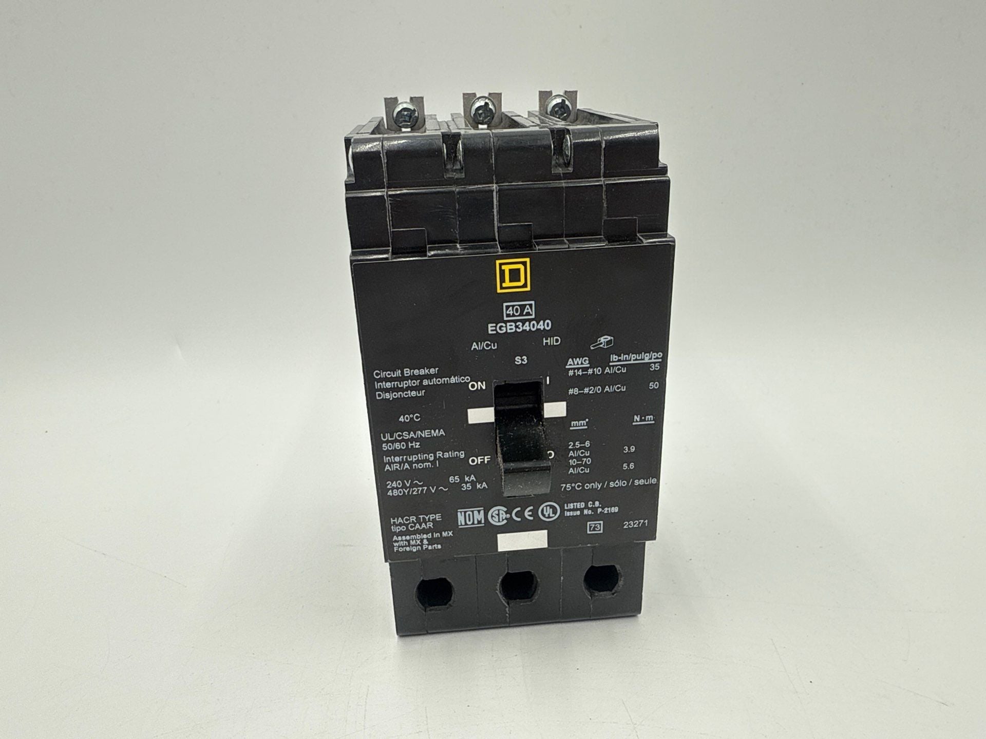 Square D EGB34040 Bolt On Circuit Breaker 40A 3P 480/277V 3PH EGB 40 Amp Used