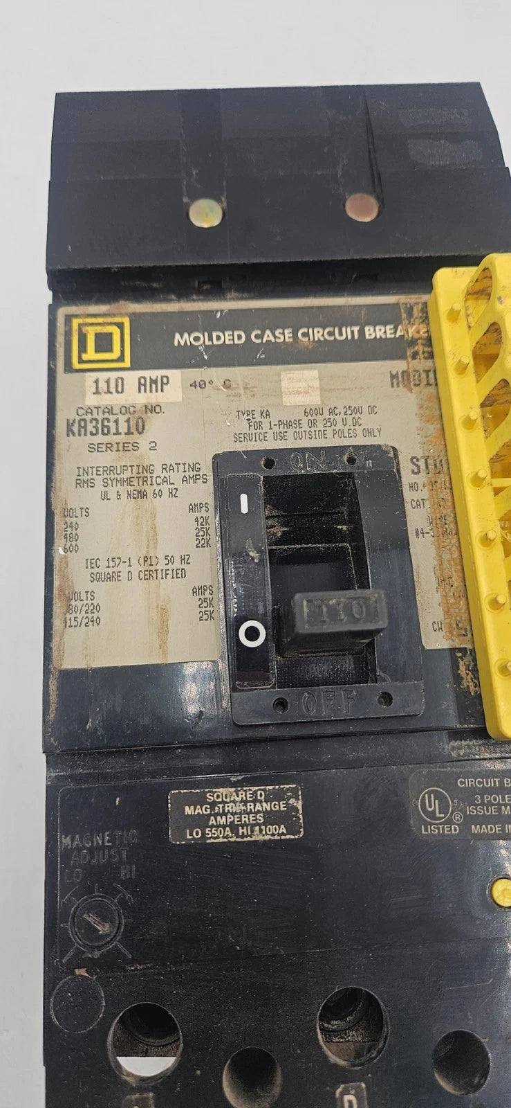 Square D KA36110 3 Pole 110 Amp 600v I-Line Circuit Breaker 110A 3P KA USED Used