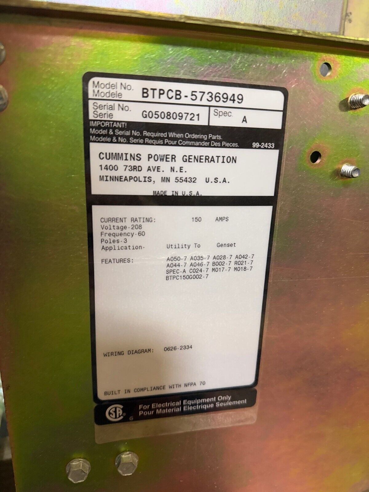 Cummins BTPCB-5736949 Used