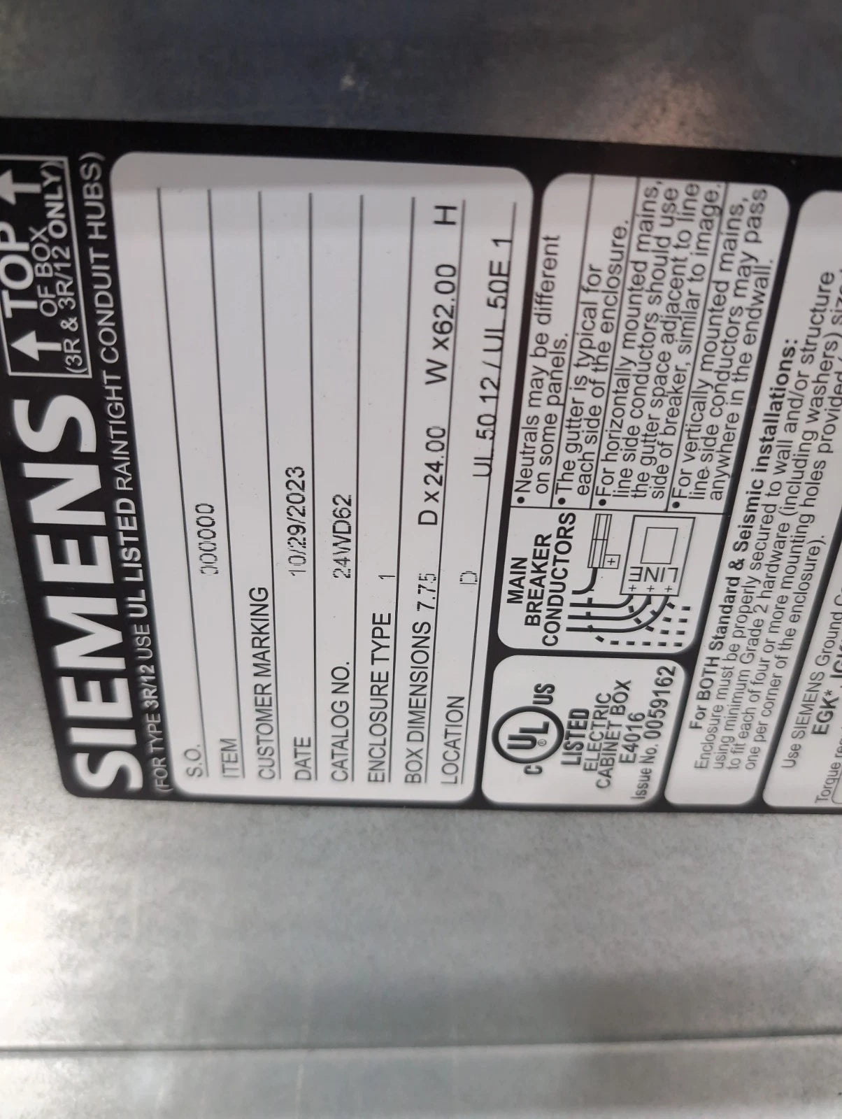 Siemens P3 Panelboard 800A 480V 3P 3W P3X56ML800ATS MLO Panel 800 Amp New