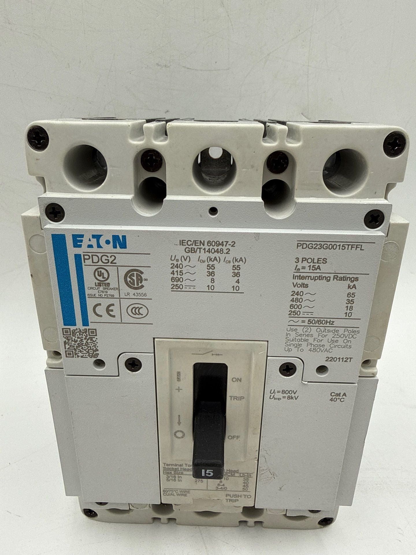 Eaton PDG23G0015TFFL Circuit Breaker 15A 600V 3P Bolt On 15 Amp 3 Pole Used