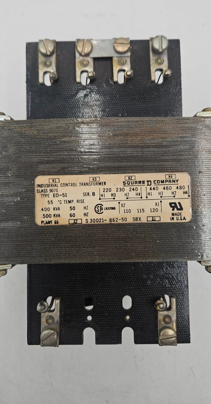 0.500kVA Square D S30021-862-50 Iindustrial Control Transformer CLASS 9070 480V Used