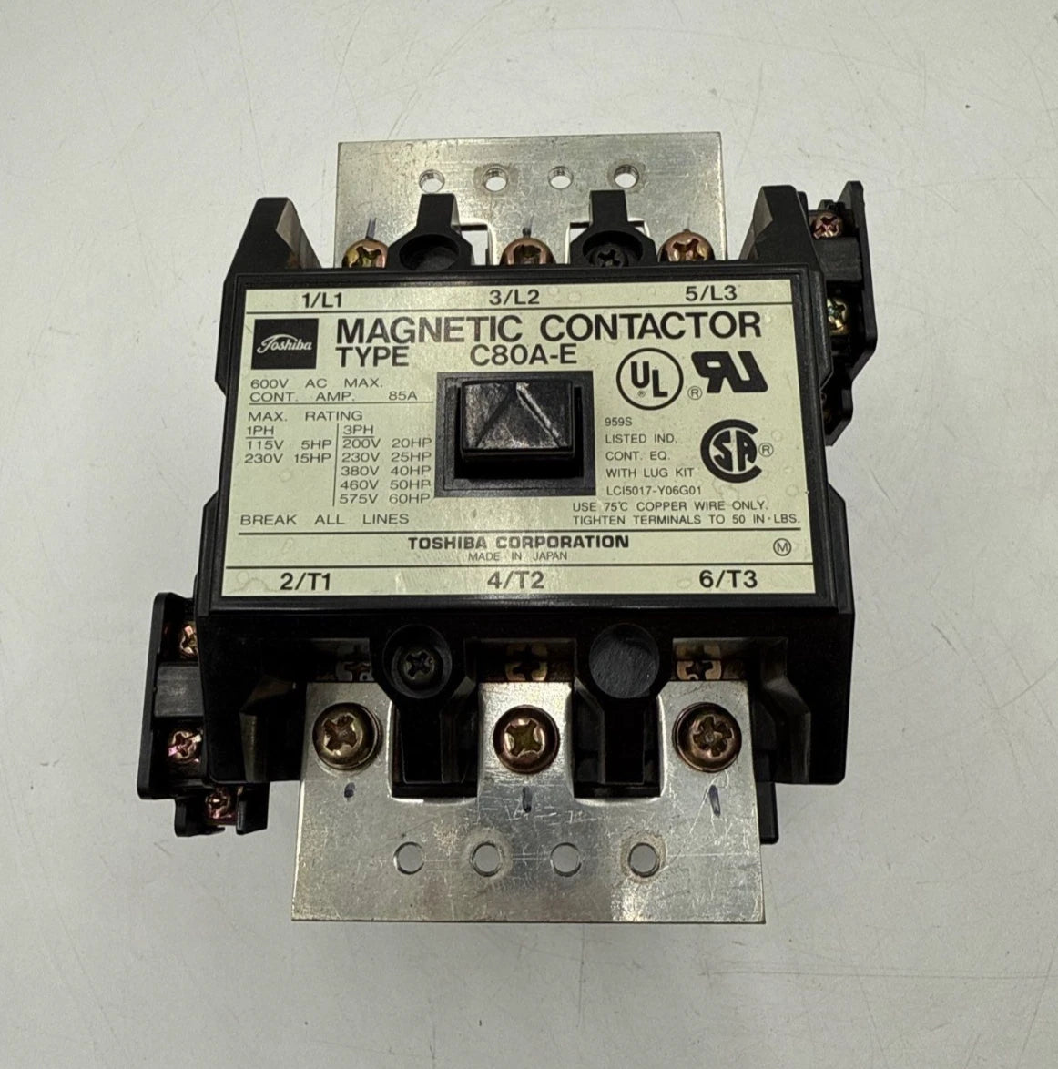 Toshiba C80A-E Magnetic Contactor 85A 3P 600V 60HP 3 Pole 3 Phase Coil 100-240V Used