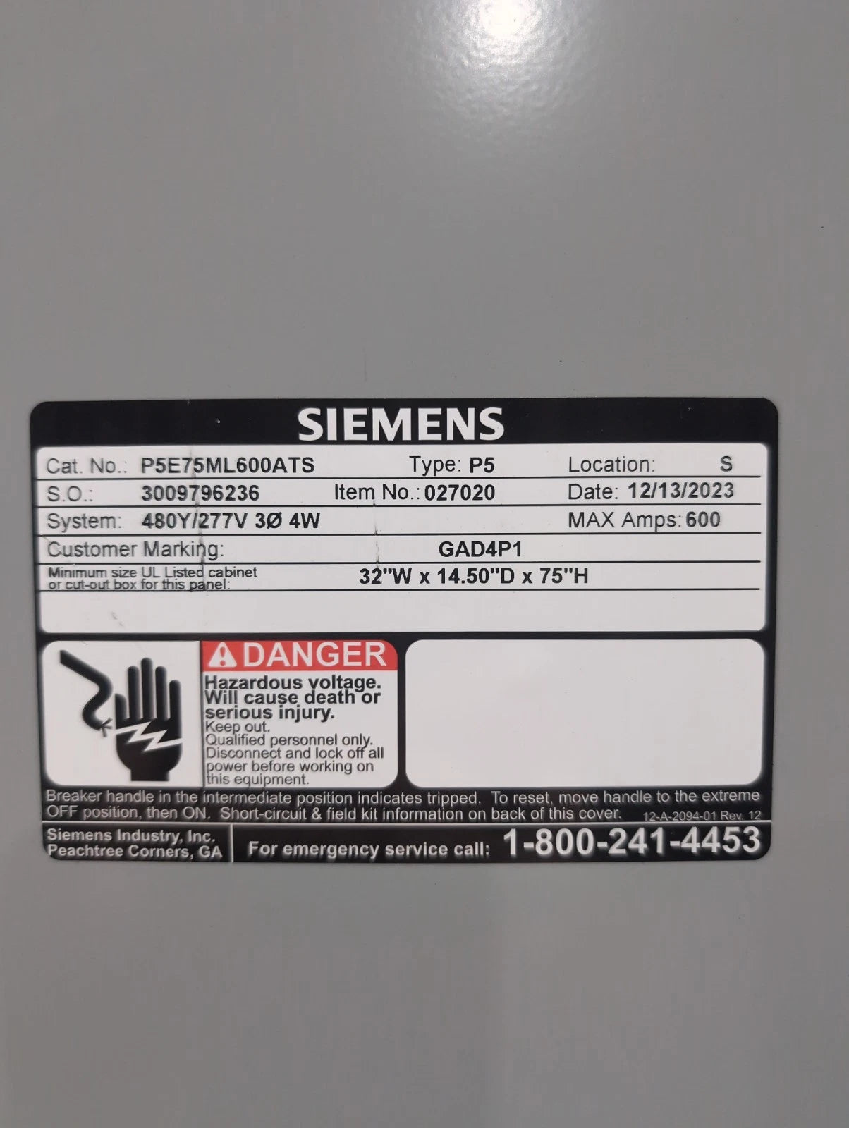 Siemens P5 Panelboard P5E75ML600ATS 600A 480/277V 3PH 4W 600 Amp MLO Panel New New