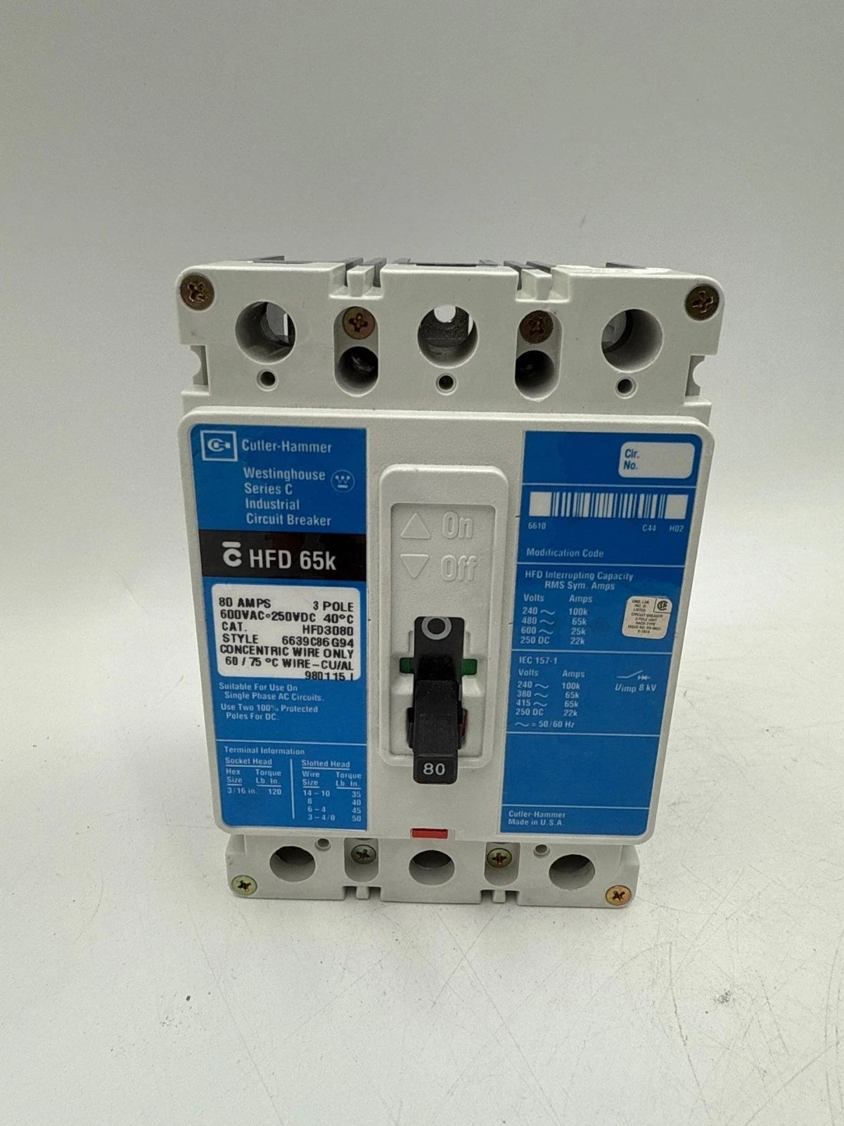 Cutler Hammer HFD3080 Circuit Breaker 80A 3P 600V 3PH HFD 65k 80 Amp 3 Pole Used