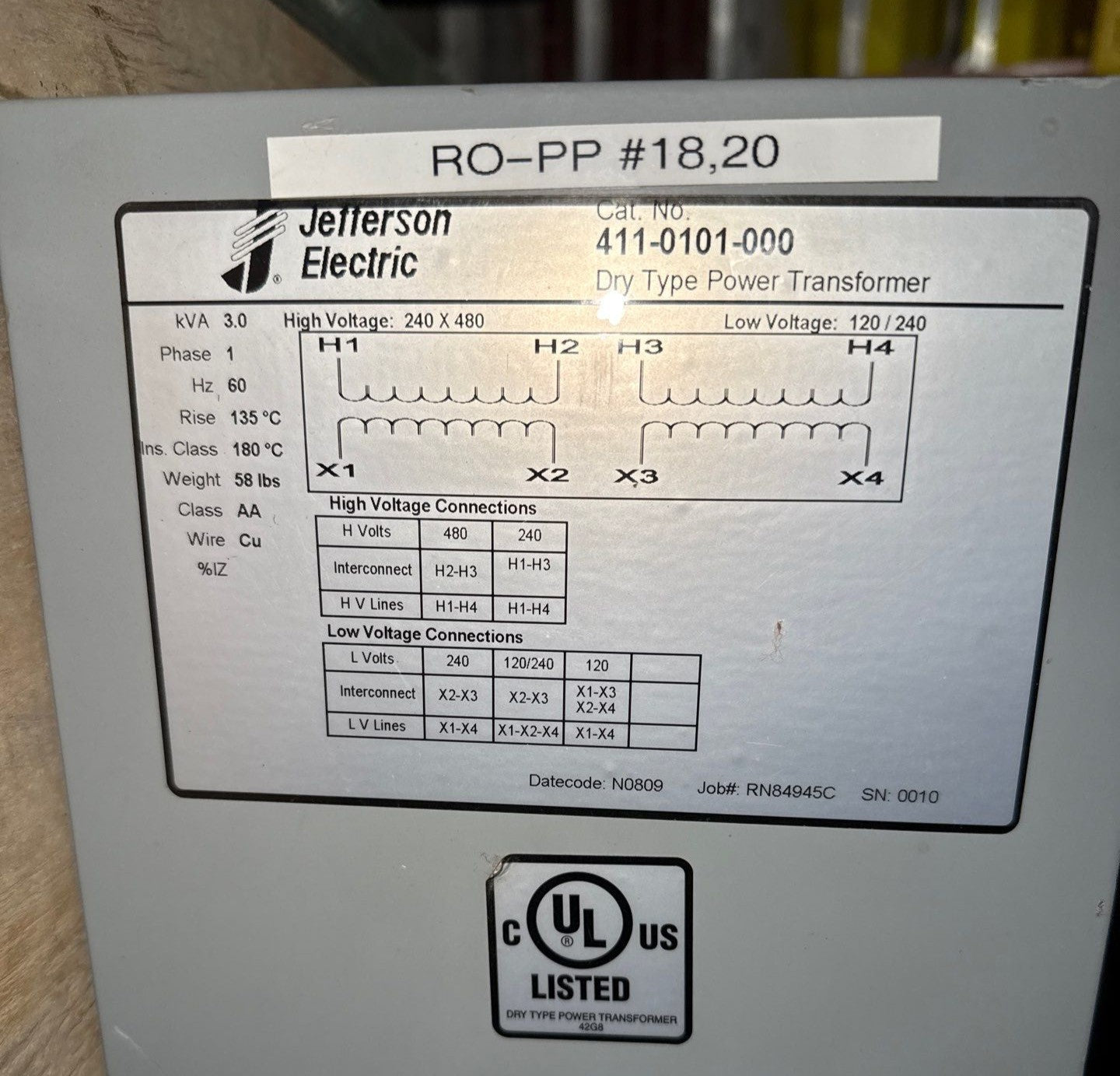 Jefferson Electric 411-0101-000 3KVA Transformer HV 240/480V LV 120/240V 1PH Used