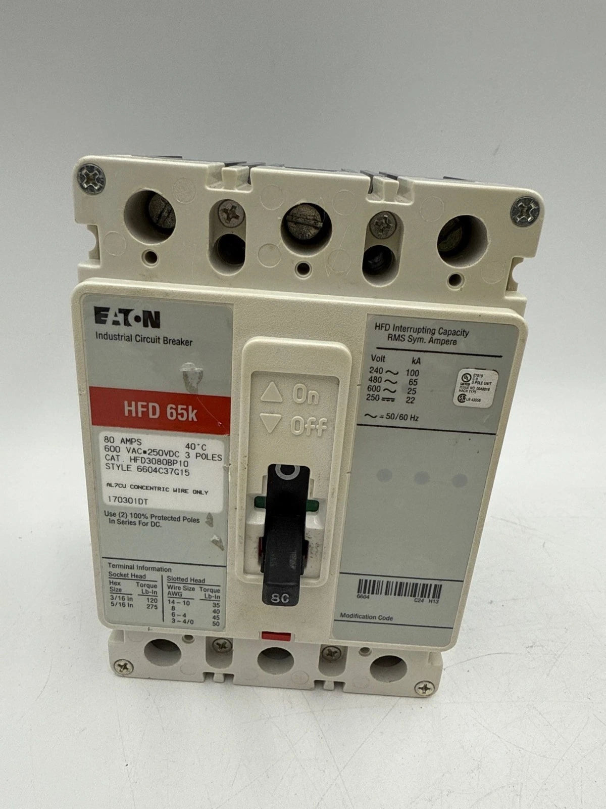 Eaton HFD3080BP10 Circuit Breaker 80A 3P 600V 3PH HFD 65k 80 Amp 3 Pole Used