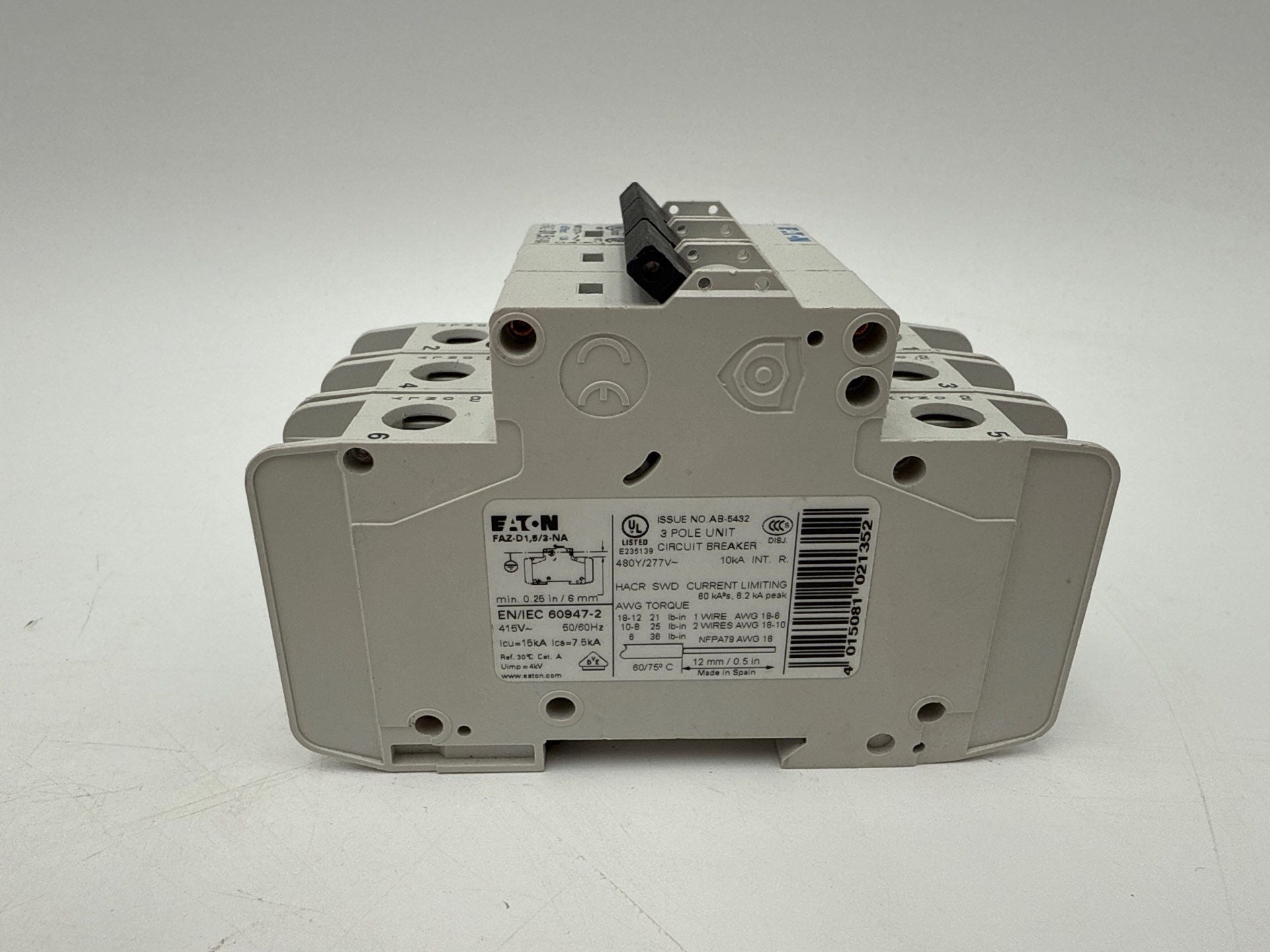 Eaton FAZ-D1.5/3-NA Circuit Breaker 1.5A 3P 480/277V DIN Rail Mount Used