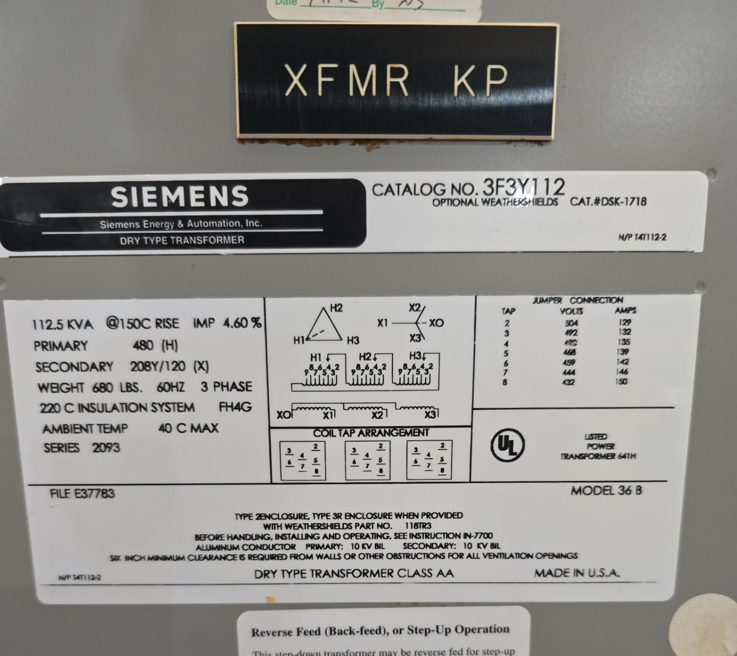 112.5kVA Siemens 3F3Y112 Transformer 3PH Pri 480V Sec 208/120V Indoor T268 Used