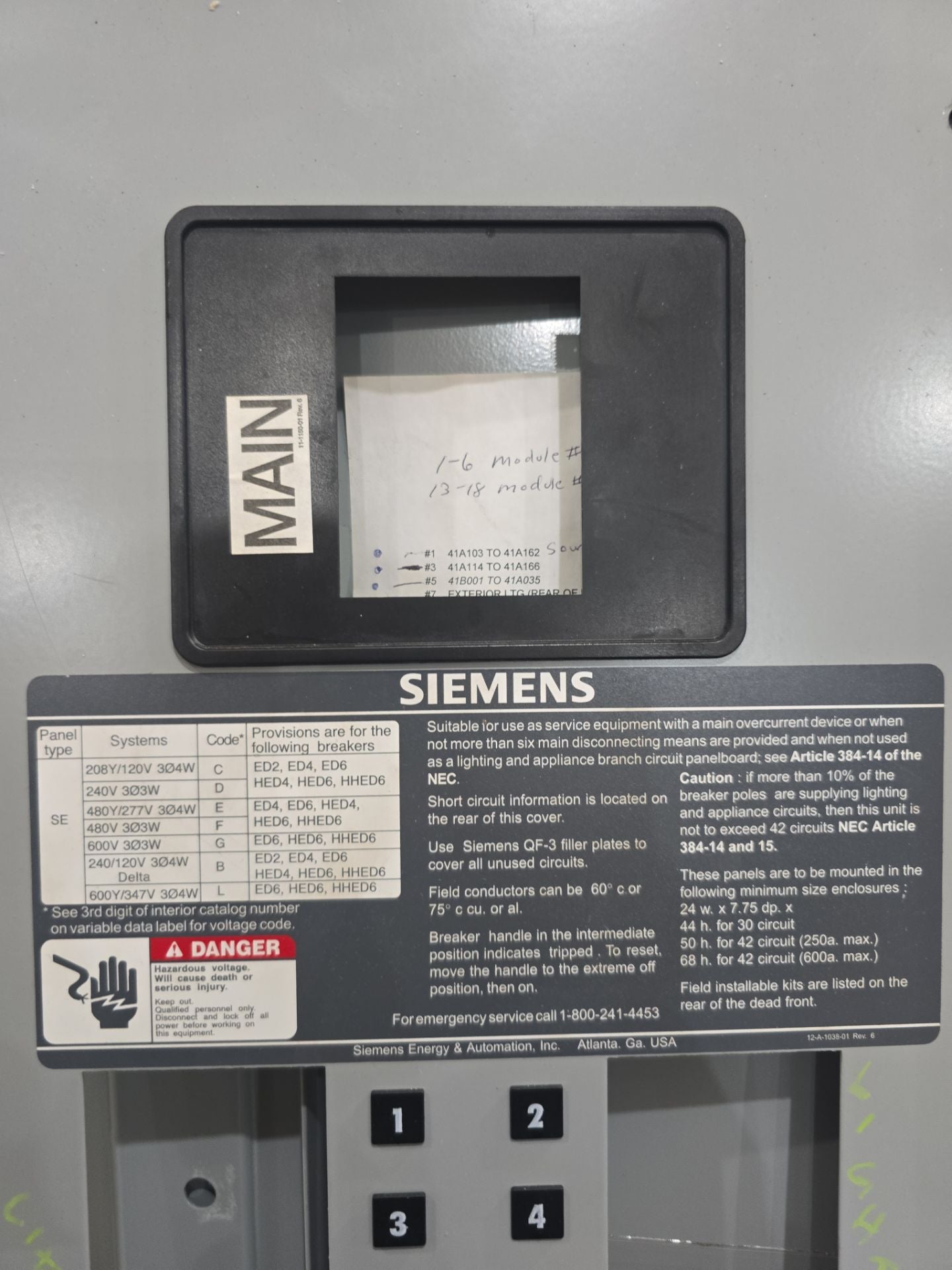 Siemens SE SEE42E6100ATS Panelboard 100A 480/277V 3PH 4W MCB 100 Amp Panel 42Cir Used