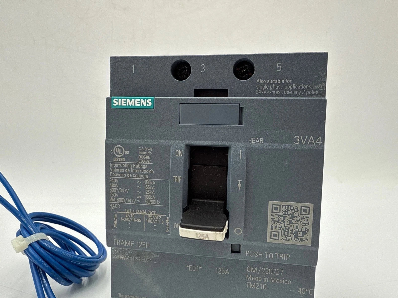 Siemens 3VA4112-6ED34-0AA0 Circuit Breaker 125A 3P 600V Shunt Trip 3VA9978-0BL32 New