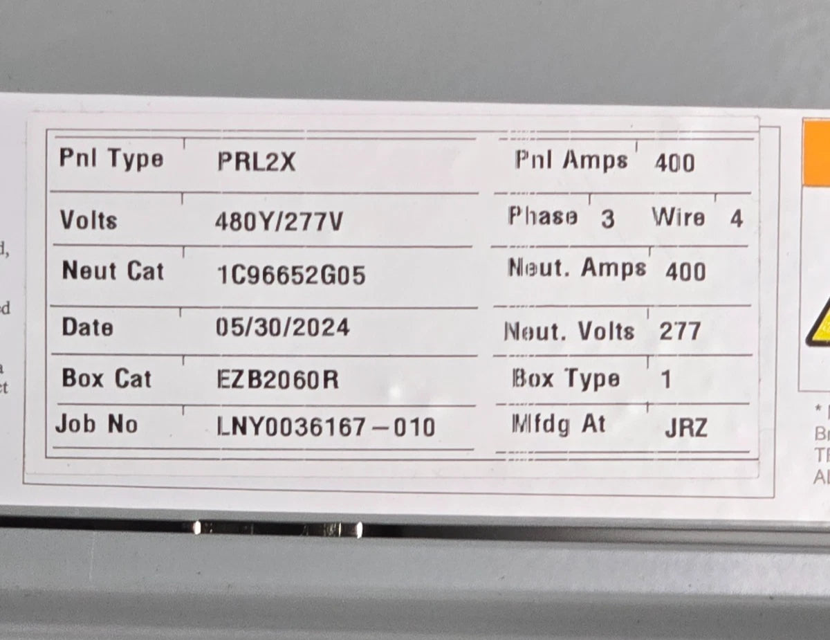 Eaton PRL2X Panelboard 400A 480/277V 3PH 4W 400 Amp 42 Cir MLO Panel 3R Encl New New