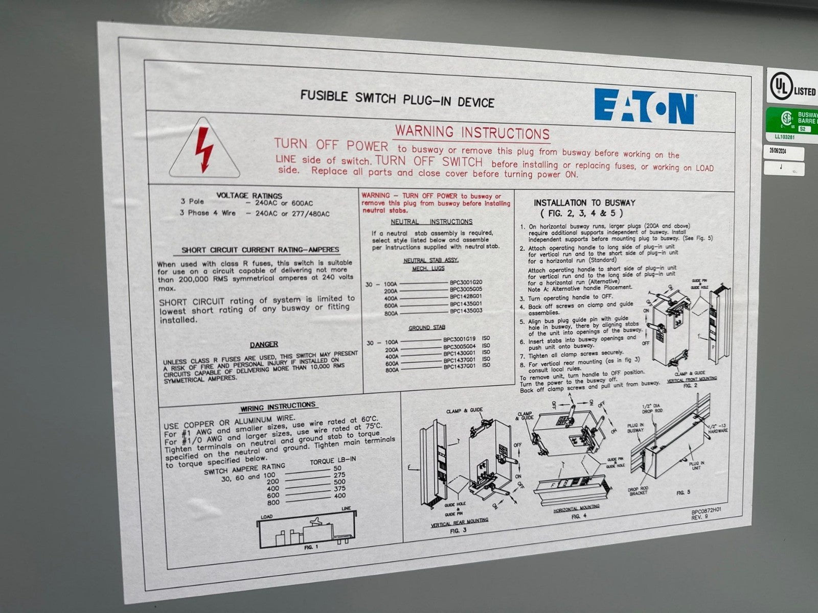 Eaton P3F321RGN Pow-R-Way III Busway Switch Bus Plug 30A 3PH 120/208V 4W Fusible New