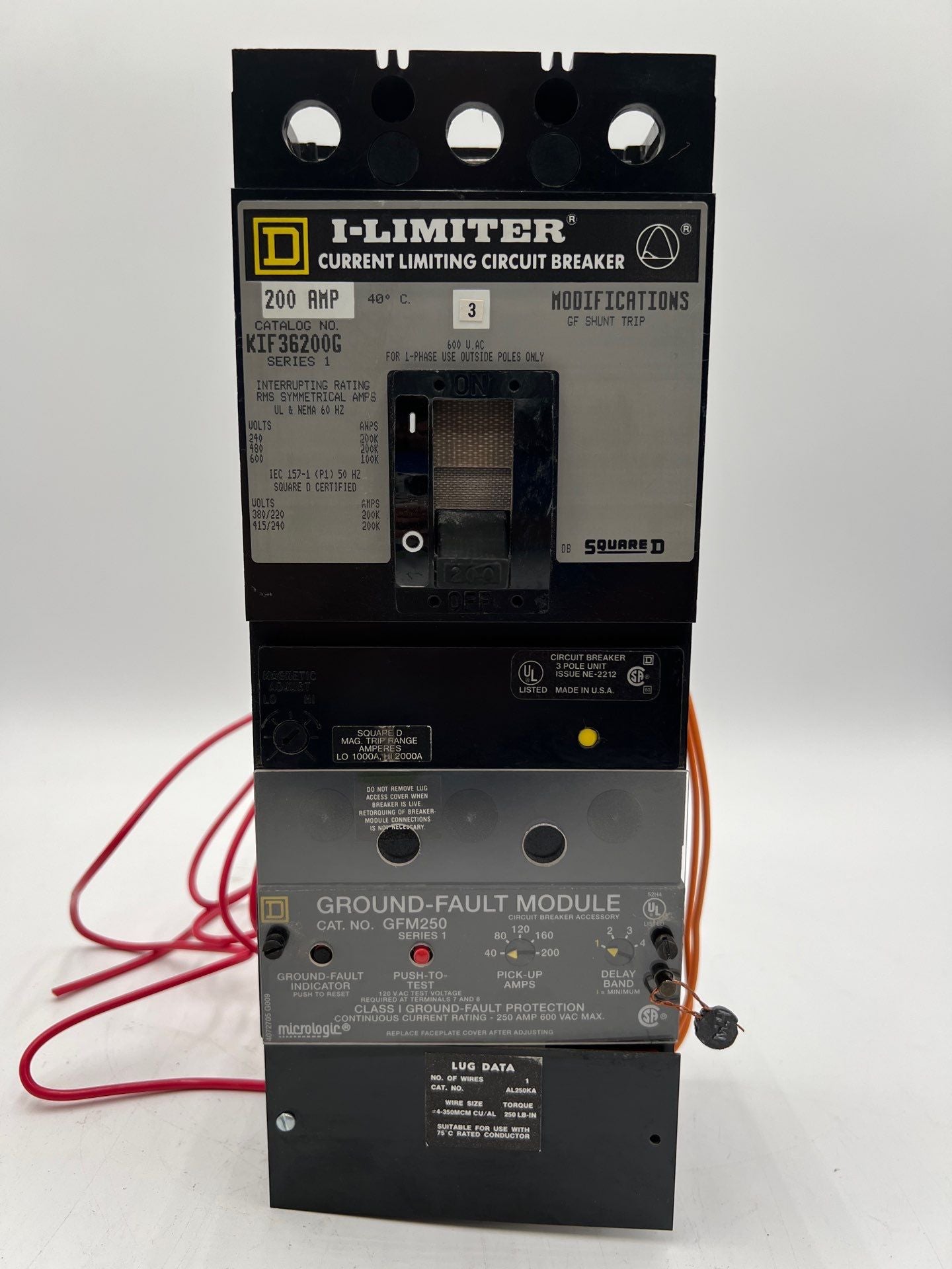 Square D KIF36200G Circuit Breaker 200A 600V 3P 200 Amp Ground Fault GFM250 Used