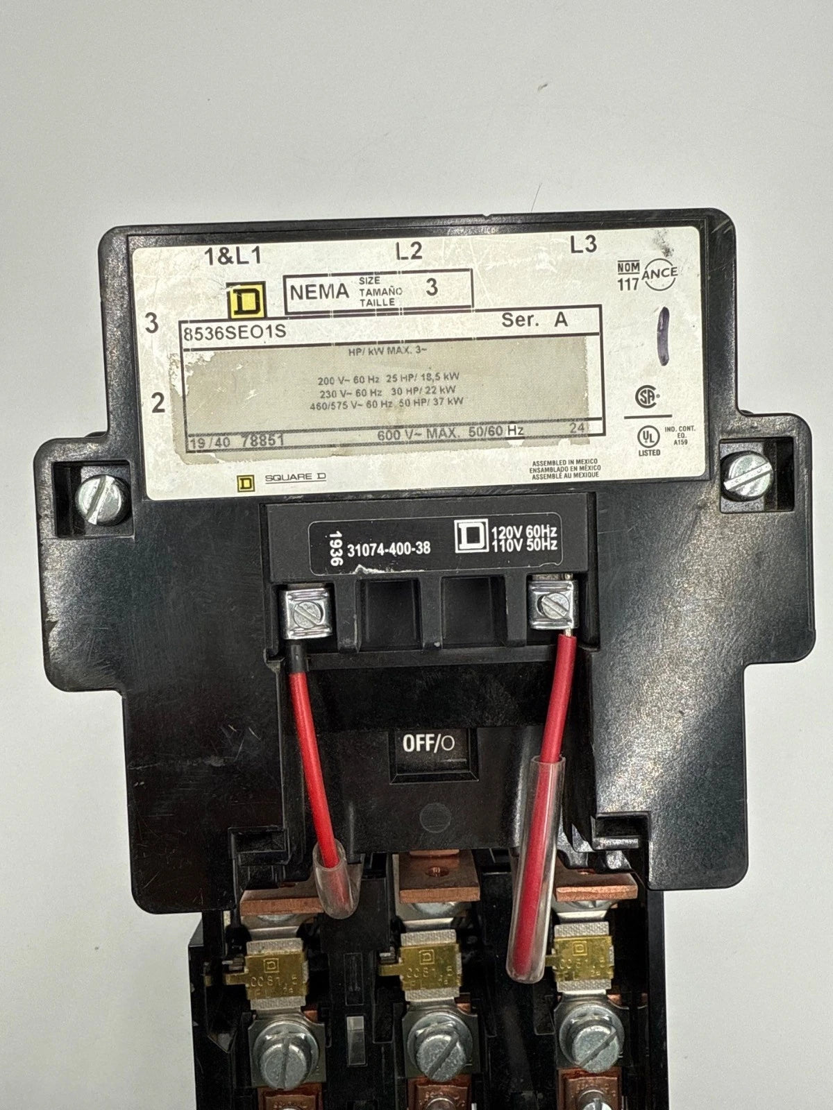 Square D 8536SE01S Starter 90A 3P 600V NEMA Size 3 Coil 110/120V 3PH 50HP CC81.5 Used