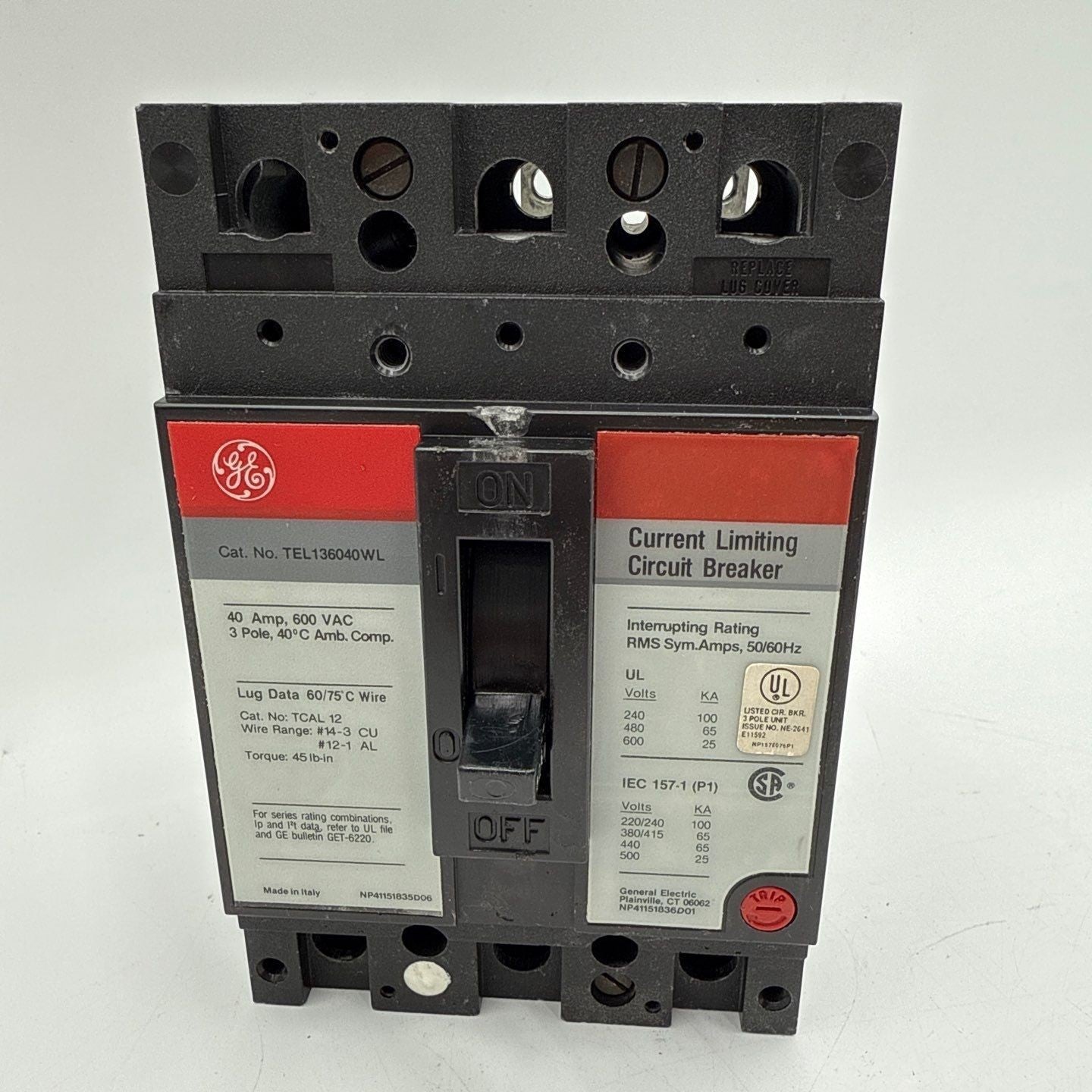 GE TEL136040WL Circuit Breaker 40A 3P 600V 3PH TEL 40 Amp 3 Pole General Elec Used