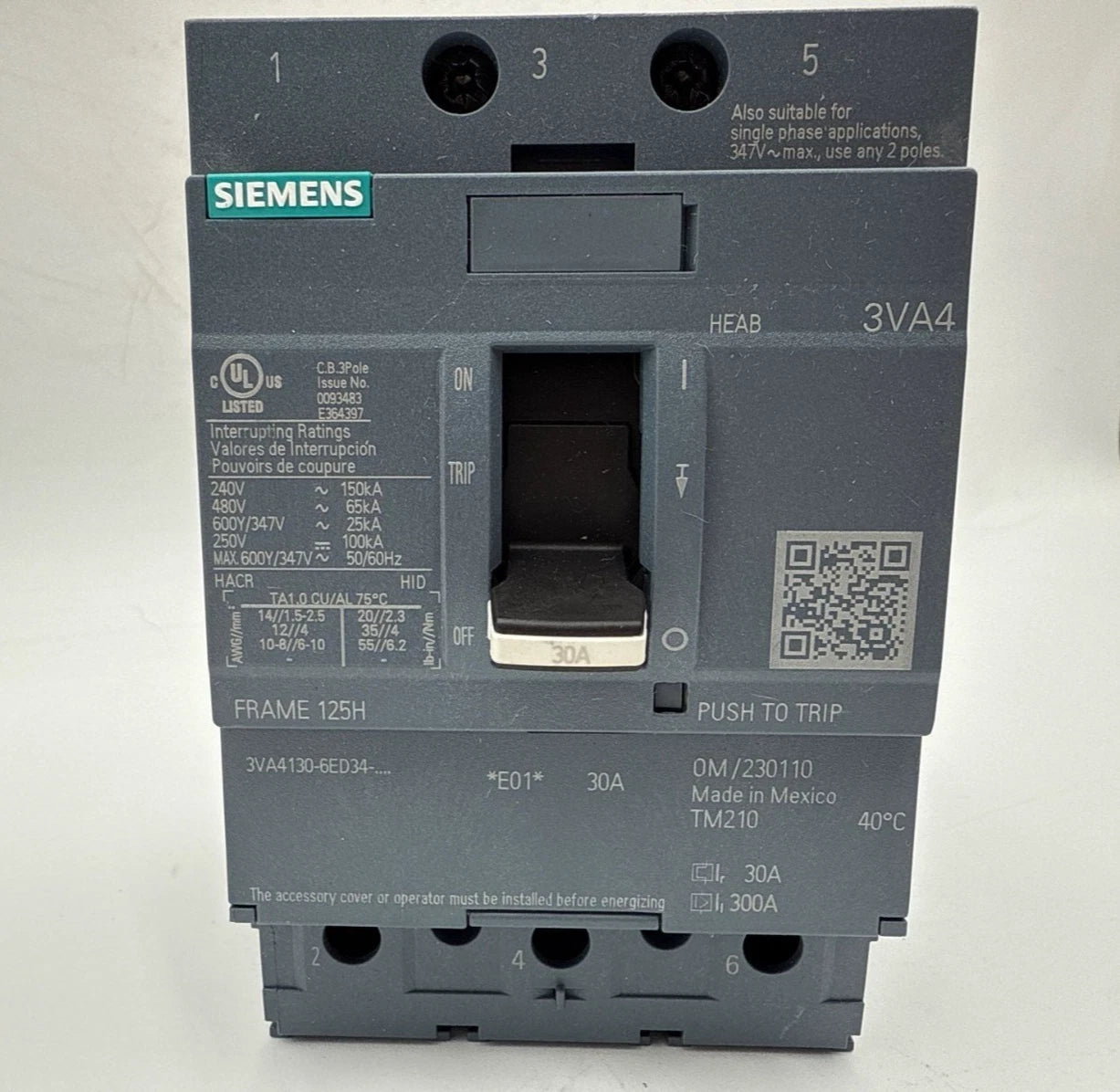 Siemens 3VA4130-6ED34-0AA0 Circuit Breaker 30A 3P 600V 3VA Bolt On 30 Amp 3 Pole New