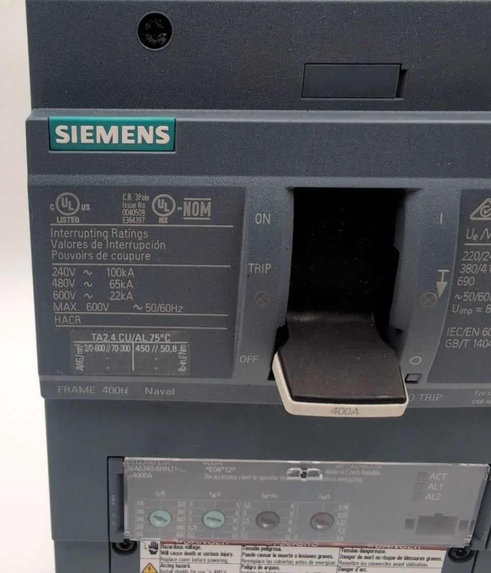 Siemens 3VA6340-6HN31-0AA0 Circuit Breaker 400A 3P 600V 3PH LSI Trip 400 Amp NEW New