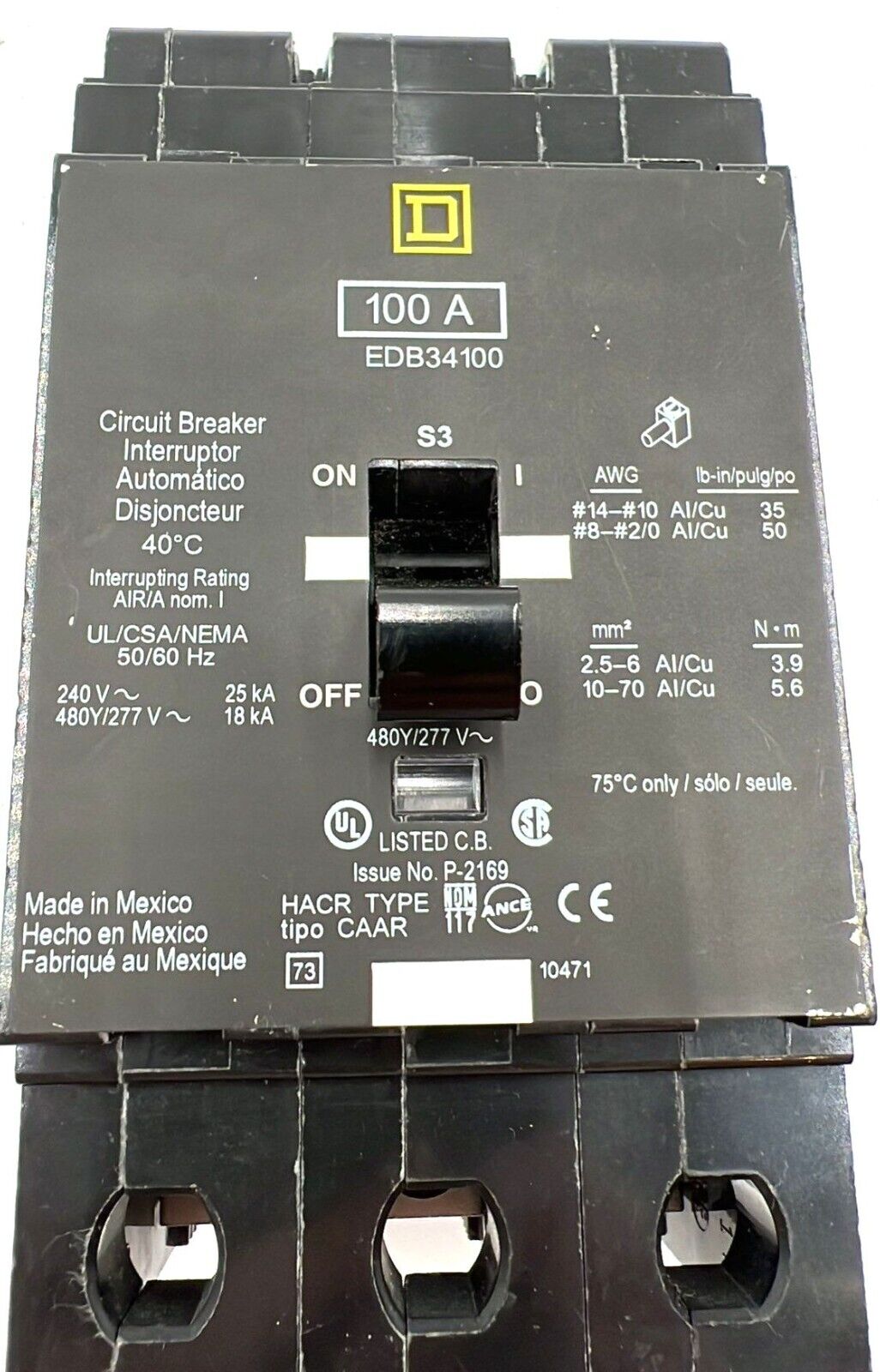 Square D EDB34100 Used