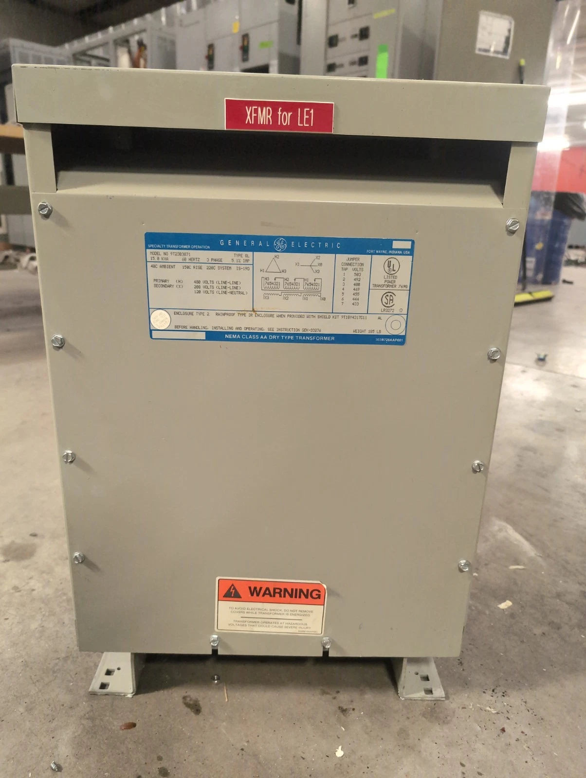 15KVA GE 9T23B3871 Transformer Pri 480V Sec 208/120V 3PH Type 2 Encl Indoor 60Hz Used