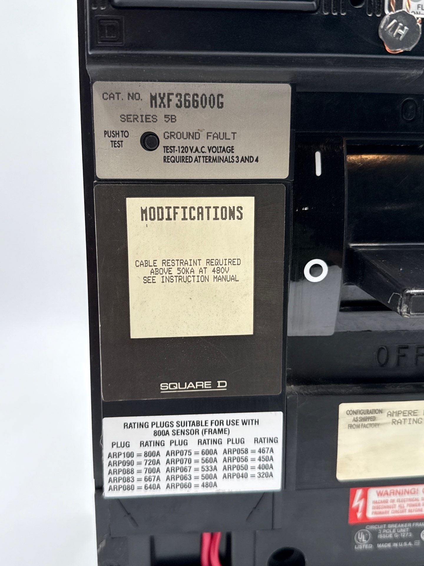 Square D MXF36600G Circuit Breaker 600A 3P 600V MXF 600 Amp Ground Fault LSIG Used