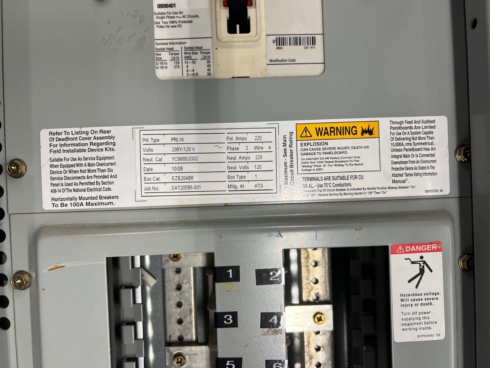 Eaton PRL1A Panelboard 225A 208/120V 3PH 4W 42 Circuit Indoor Encl MCB ED3225 P641 Used