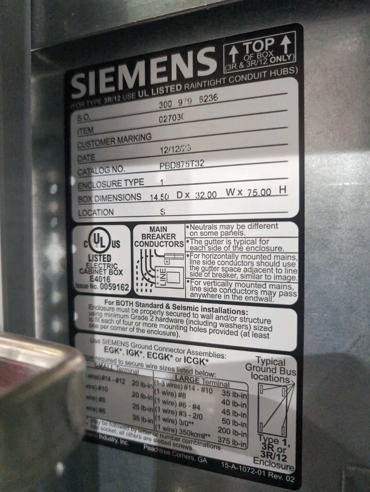 Siemens P5 Panelboard P5E75ML600ATS 600A 480/277V 3PH 4W 600 Amp MLO Panel New New