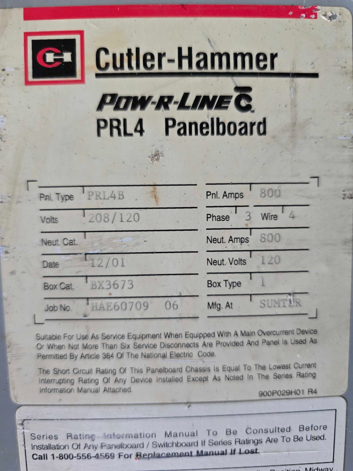 Cutler Hammer PRL4B Panelboard 800A 208/120V 3PH 4W MCB Panel 800 Amp MDL3800