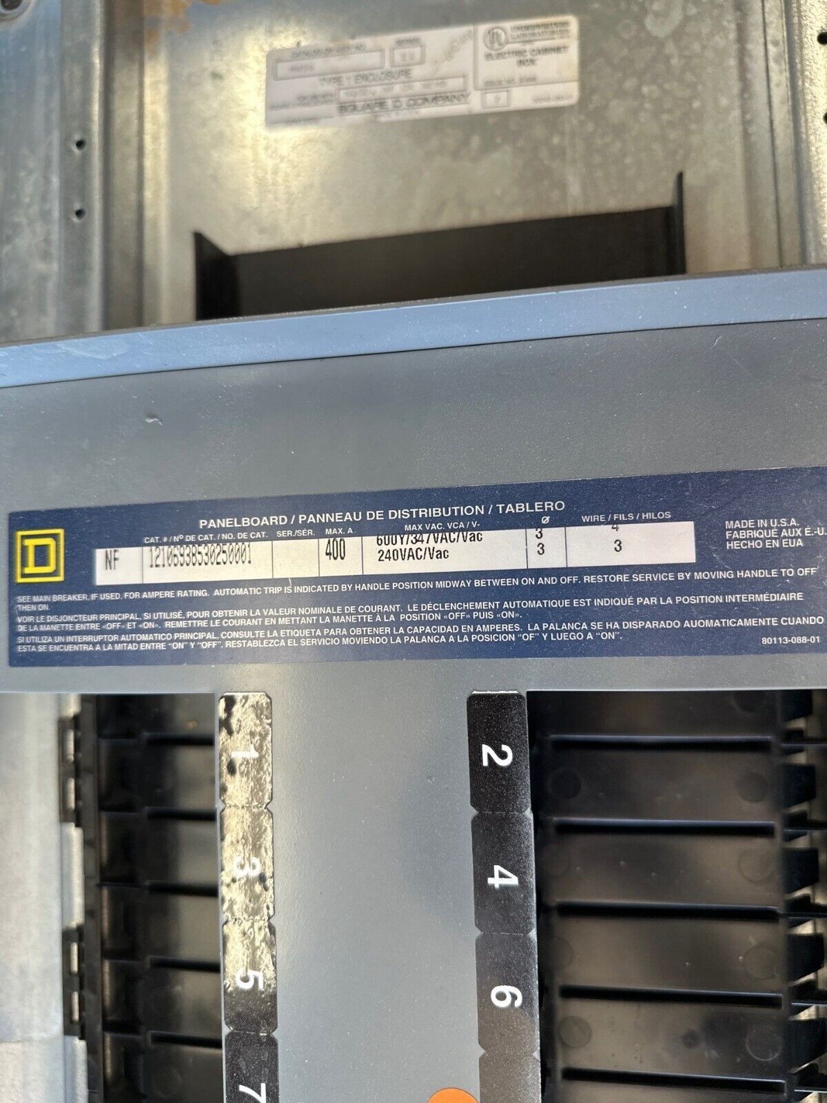 Square D NF Panelboard 400A 600Y/347V 3PH 4W MLO 42 Circuit Main Lug Indoor Encl P330 Used