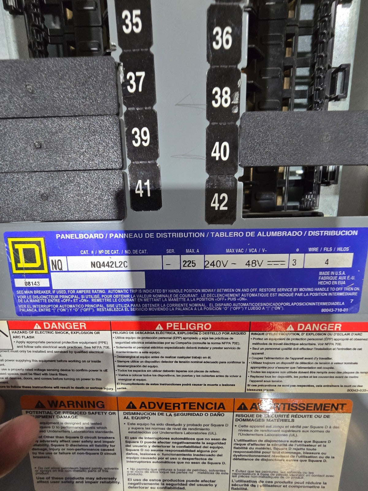 Square D NQ442L2C Panelboard 225A 240V 3PH 4W 42 Cir MCB Panel QJL32150 150 Amp Used