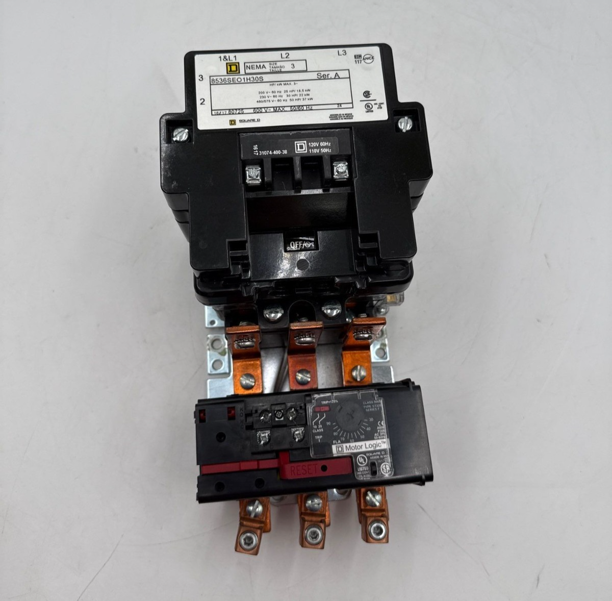 Square D 8536SEO1H30S Starter NEMA Size 3 600V 50HP Max Coil 11/120V 9065ST320 Used