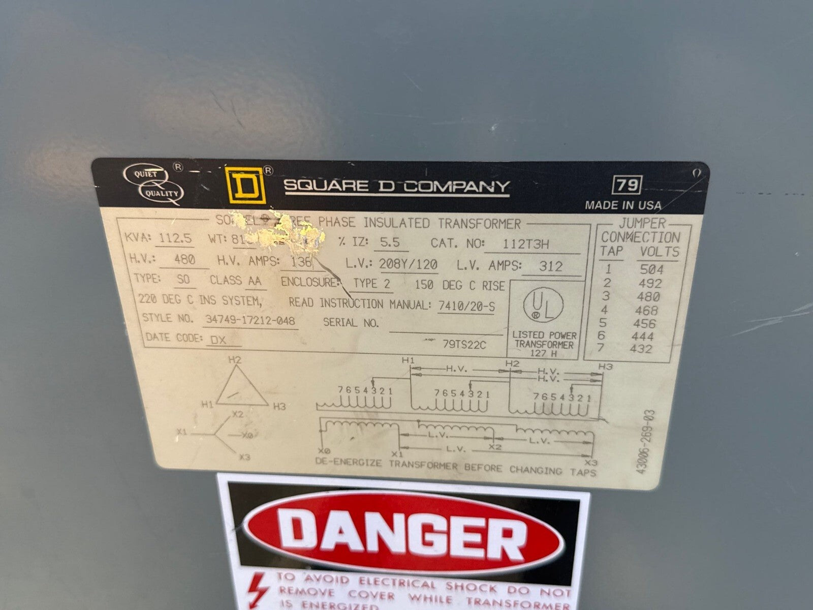 112.5KVA Square D 112T3H Transformer Pri 480V Sec 208/120V 3PH Type 2 Encl Used