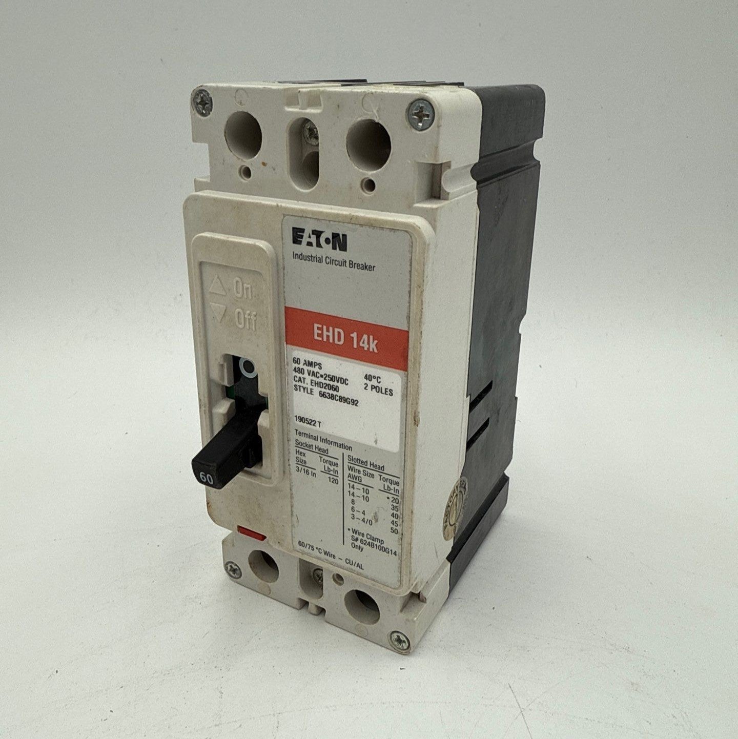 Eaton EHD2060 Circuit Breaker 60A 2P 480V EHD 14k 60 Amp 2 Pole Used