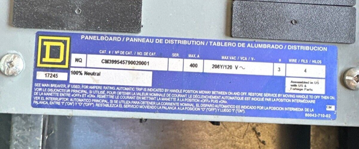 Square D NQOD Panelboard 400A 208Y/120V 3PH 4W MLO 42 Cir Nema 1 Indoor 400 Amp P520 Used