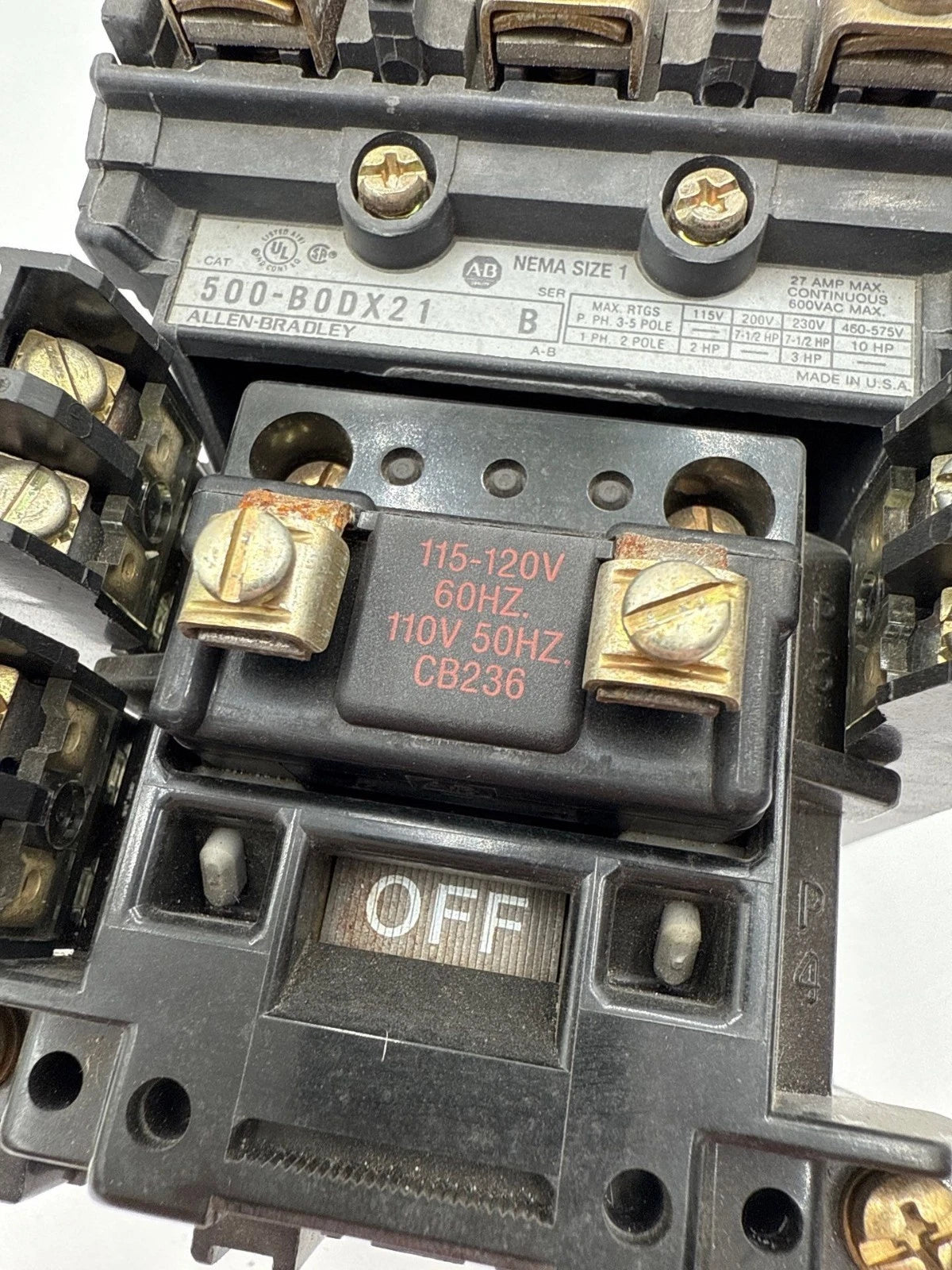 Allen Bradley 500-B0DX21 Contactor NEMA Size 1 27A 3P 600V 10HP Coil 110/120V Used