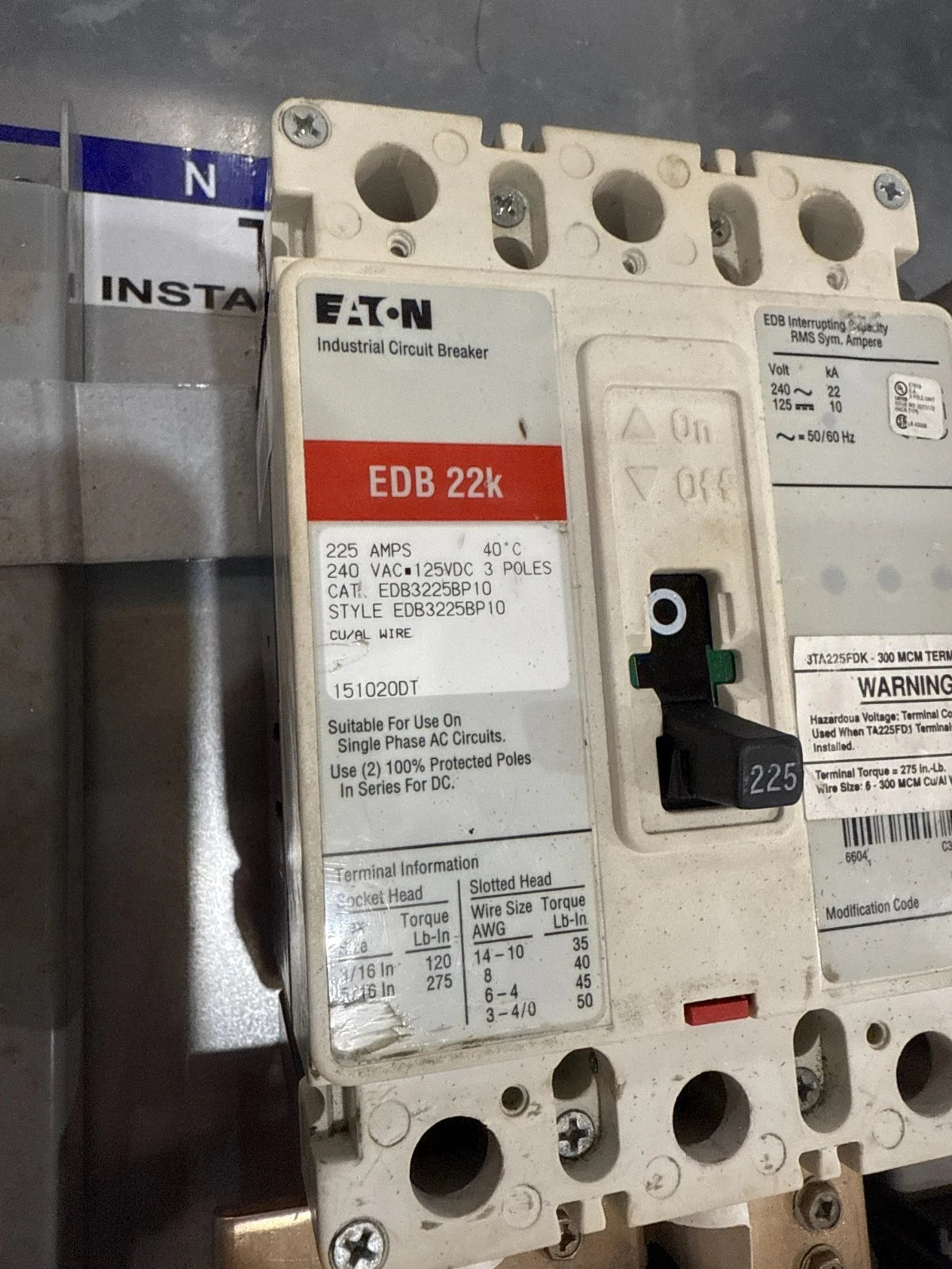 Eaton PRL1A Panelboard 225A 208/120V 3PH 4W MCB Panel 225 Amp 60Cir EDB3225BP10 Used