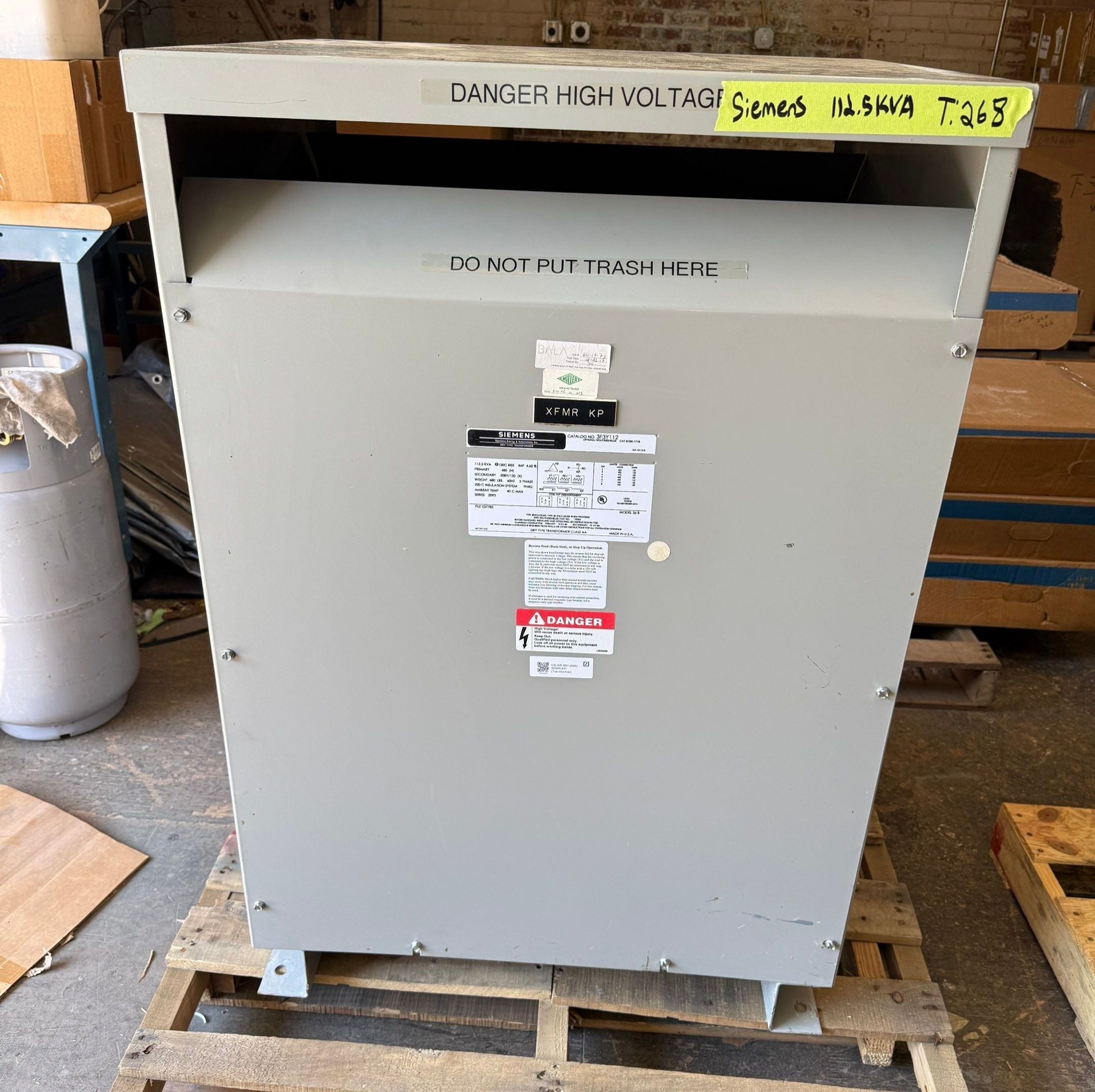 112.5kVA Siemens 3F3Y112 Transformer 3PH Pri 480V Sec 208/120V Indoor T268 Used