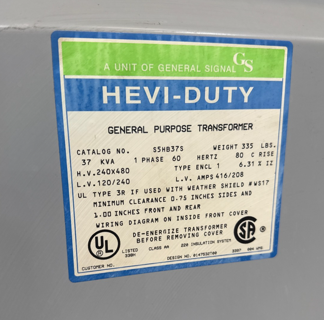 37 KVA Hevi-Duty S5HB37 Transformer Pri 240/480V Sec 120/240V 1PH Indoor Encl Used